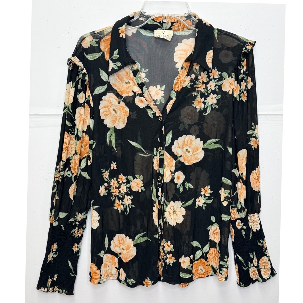 Ember Floral Mesh Blouse XL Black Orange Smocked Cuff Boho Whimsigoth Office Y2K - Picture 2 of 11